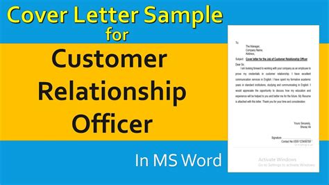 Cover Letter For The Job Of Customer Relationship Officer Application