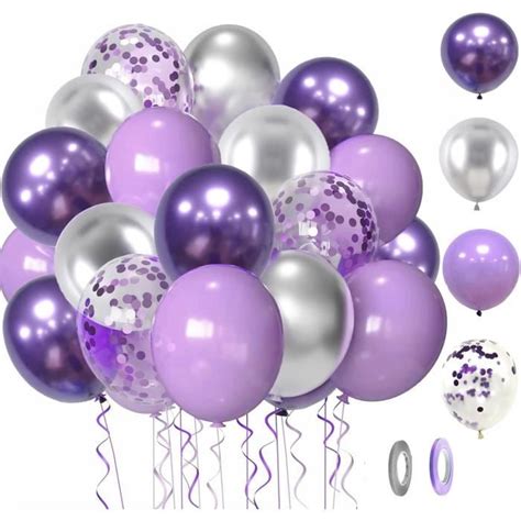 60 Pièces Ballons Violets Métallique Argentés Ballons Confettis Ballon