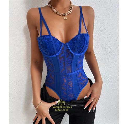 Blue Floral Lace Teddy Bodysuit Lingerie Vampal Dresses