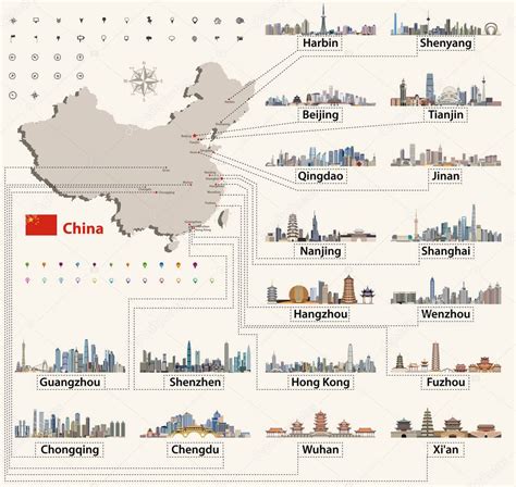 Mappa vettoriale della Cina con i più grandi skyline della città cinese