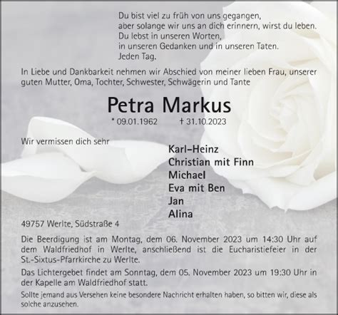 Traueranzeigen Von Petra Markus Noz Trauerportal