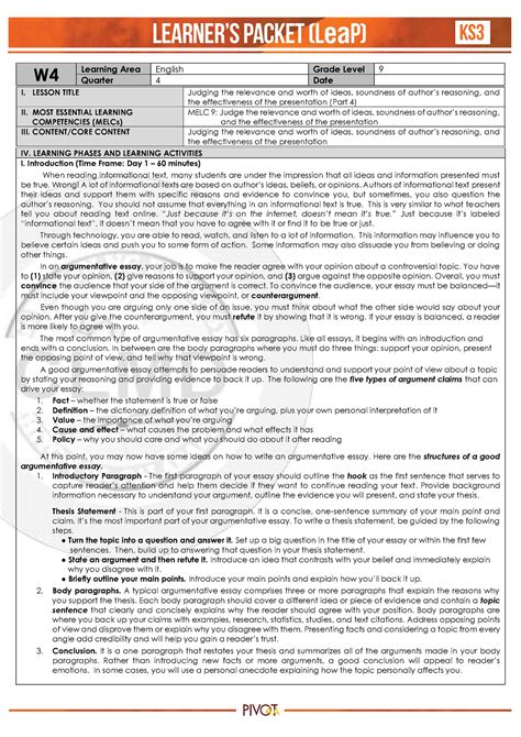 Q4 English 9 Week4 Structures Of Argumentative Essay W Learning Area English Grade Level 9