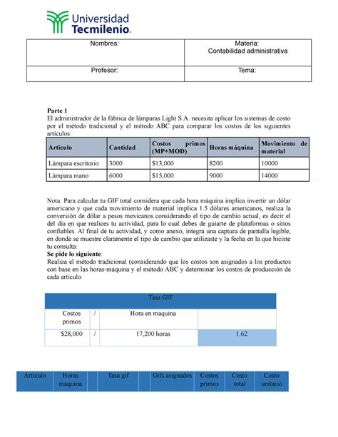 Actividad 4 Contabilidad Administrativa Nombres Materia