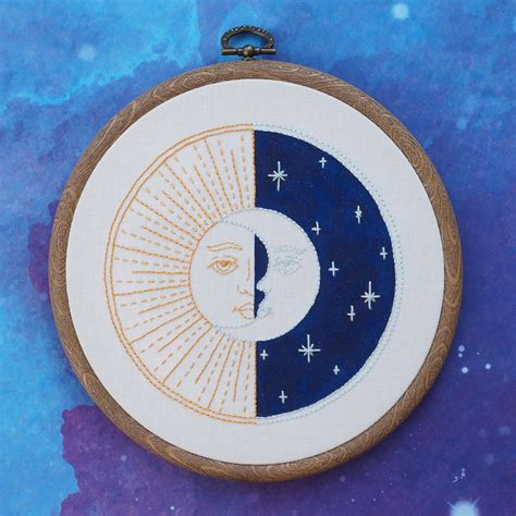 Hand Embroidery Pattern Sun And Crescent Moon Modern Hand Etsy