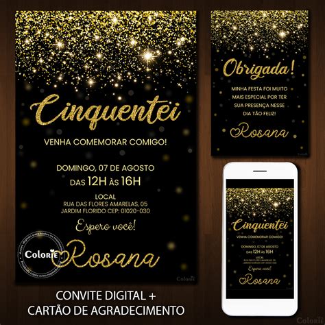 Convite Preto E Dourado - Convite Preto e Dourado para Festa de 50 Anos