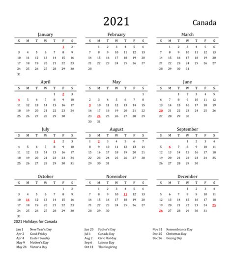 2021 Free Printable Calendar Canada