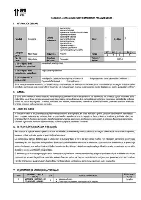 Silabo S Labo Del Curso Complemento Matem Tico Para Ingenieros