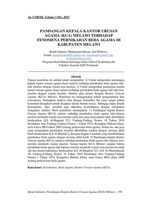 Pdf Pandangan Kepala Kantor Urusan Agama Kua Melawi Terhadap