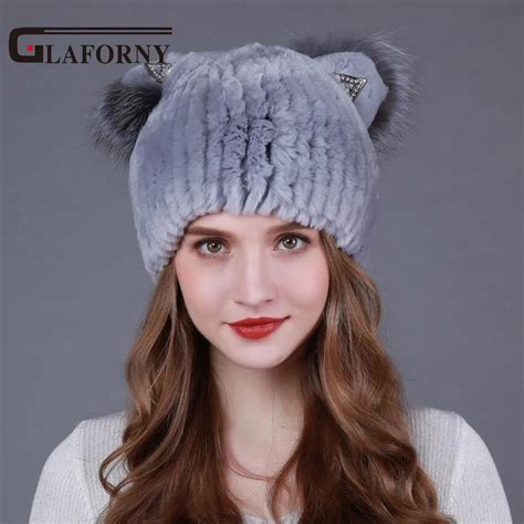 Glaforny 2017 New Arrival Knitted Rabbit Fur Hats With Cat Ears Silver