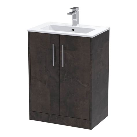 Hudson Reed Juno 600mm Floor Standing 2 Door Vanity And Minimalist Basin 1th Matt Metallic Slate