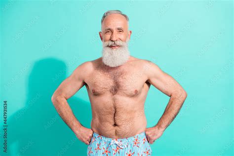 Portrait Of Attractive Cheerful Grey Haired Bearded Man Swimmer Hands