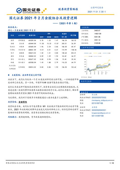 【国元证券】国元证券2021年2月金股组合及投资逻辑