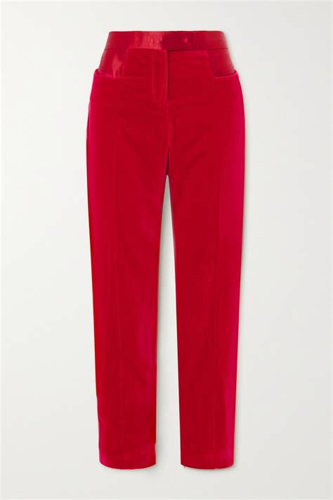 TOM FORD Satin Trimmed Cotton Velvet Straight Leg Pants Red