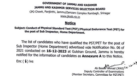 JKSSB Sub Inspector PST PET 2023 Result Released At Jkssb Nic In Get