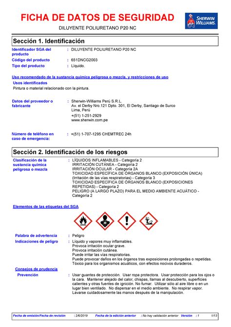 H S Diluyente Poliuretano P Nc Sw Ficha De Datos De Seguridad