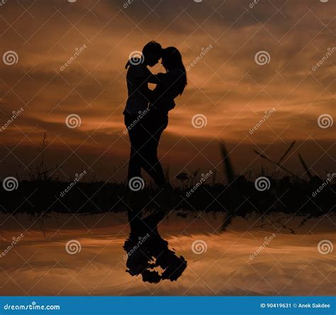 Silhouette Romantic Lover Hug. Stock Image - Image of couple, area ...