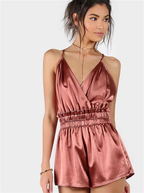 Satin Crisscross Strappy Back Elastic Waist Wrap Romper Shein Sheinside