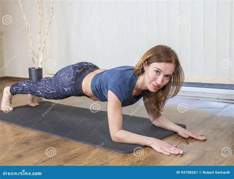 Smiling Woman Doing Plank Exercise Stock Image Image Of Physical