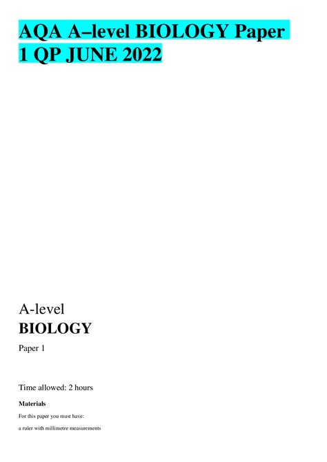 Aqa Level Biology Paper 1 Qp June 2022 Browsegrades