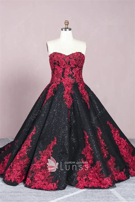 Black Sequin With Beaded Red Lace Applique Ball Gown Lunss