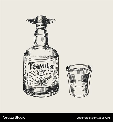 Bottle Tequila Glass Shot And Label For Retro Vector Image