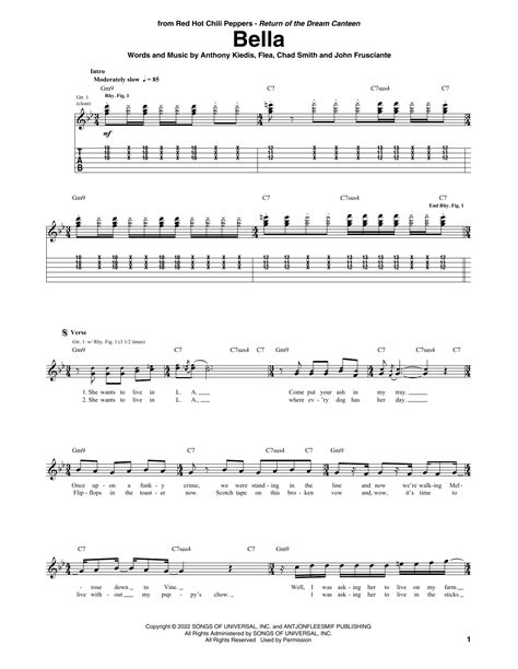 Bella By Red Hot Chili Peppers Sheet Music For Guitar Tab At Sheet Music Direct