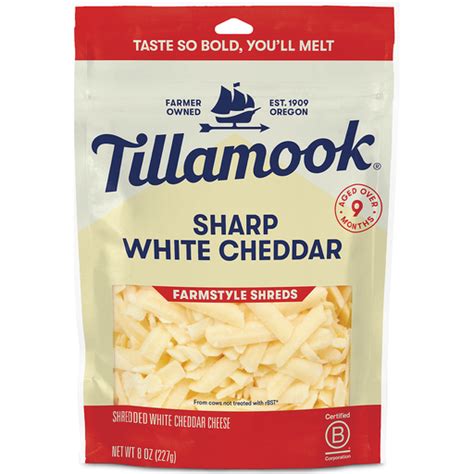 Tillamook Shredded Cheese Sharp White Cheddar Farmstyle Shreds 8 Oz