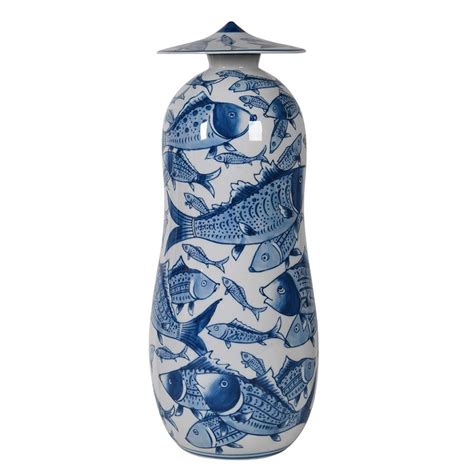 Blue White Koi Fish Lidded Jar Luxonas