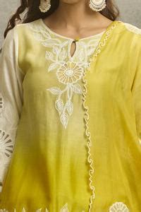 Buy Yellow Silk Chanderi Embroidered Floral Cutwork Dori Kurta Set With