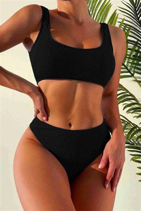 Angelsin Özel Fitilli Kumaş Tankini Bikini Üstü Siyah icgiyimozel