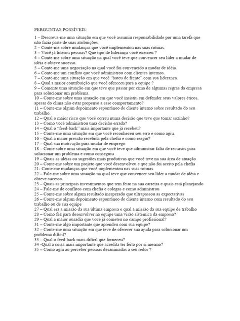 Entrevista Por Competência Perguntas - Perguntas para Entrevista por Competência | PDF | Liderança