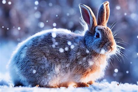 Cute Rabbit Winter In The Snow Snowdrifts Fluffy Snow Falling Snow