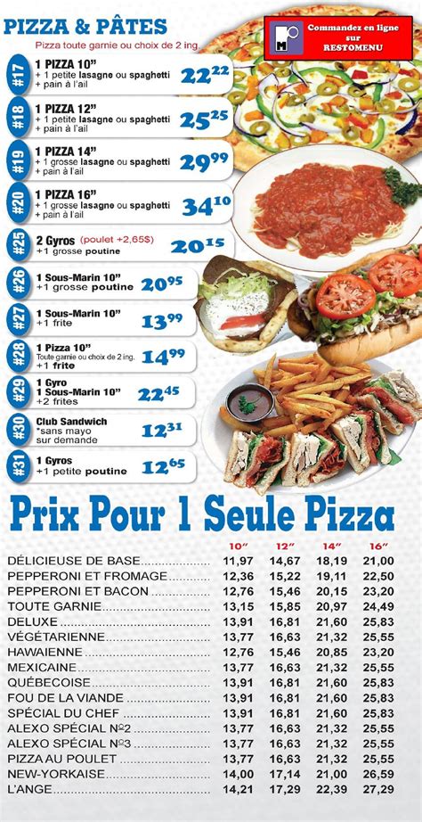 Menu At Alex O Pizza 2 Pour 1 Pizzeria Brossard