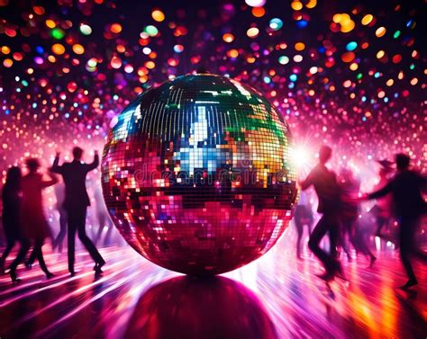 Blurred People Dancing Around Colorful Giant Disco Mirror Ball Stock