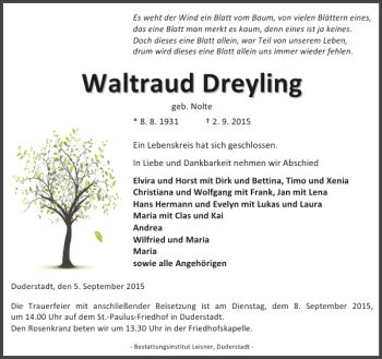 Traueranzeigen Von Waltraud Dreyling Trauer Anzeigen De