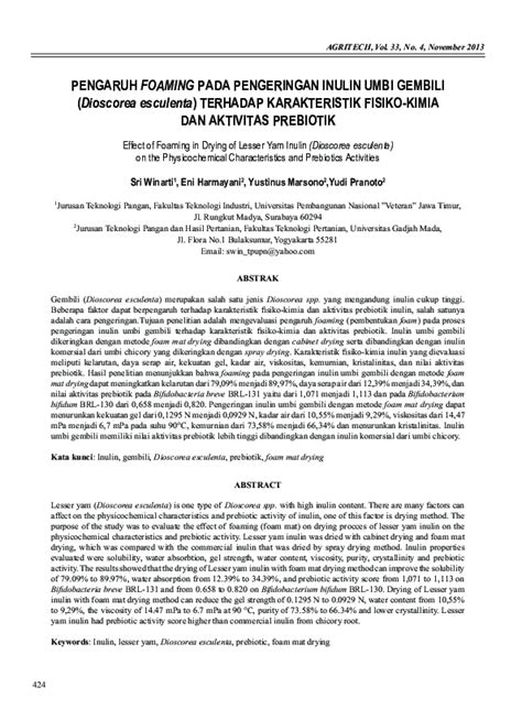 Pdf Pengaruh Foaming Pada Pengeringan Inulin Umbi Gembili Dioscorea