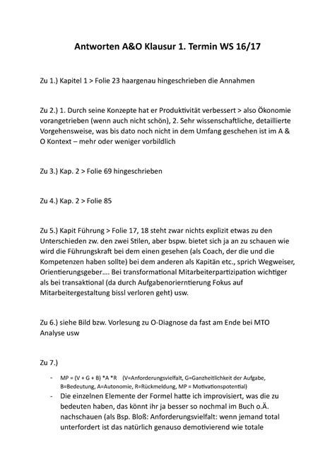 Klausur 2017 Antworten Antworten A O Klausur 1 Termin WS 16 Zu 1