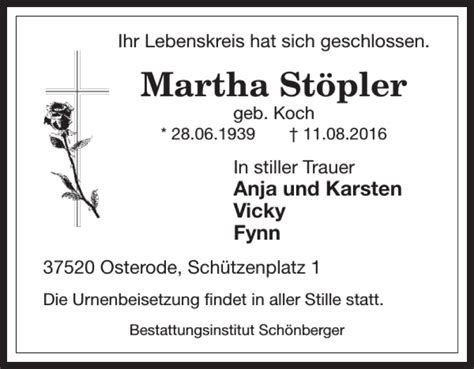 Traueranzeigen von Martha Stöpler Harztrauer de