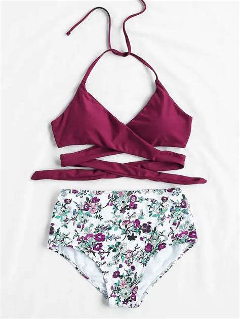 Plus Cross Wrap Halter Top With Floral Bikini Set Wrap Bikini Set