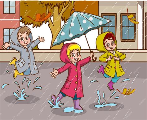 Niños Bailando Bajo La Lluvia Vector De Dibujos Animados Vector Premium