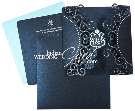 Blue Color Door Open Style Laser Cut Theme Hindu Wedding Invitation D