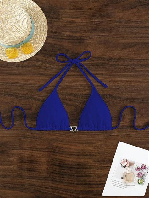 Top De Maiô Bikini De Nó Halter Sem Costas Decorado Com Strass Em Forma