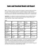 Ionic And Covalent Bonds Lab Report 1 Pdf Ionic And Covalent Bonds