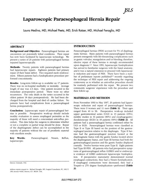 PDF Laparoscopic Paraesophageal Hernia Repair