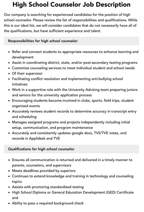 High School Counselor Job Description Velvet Jobs