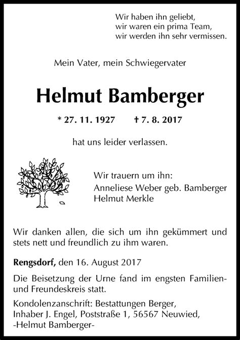 Traueranzeigen Von Helmut Bamberger Rz Trauer De