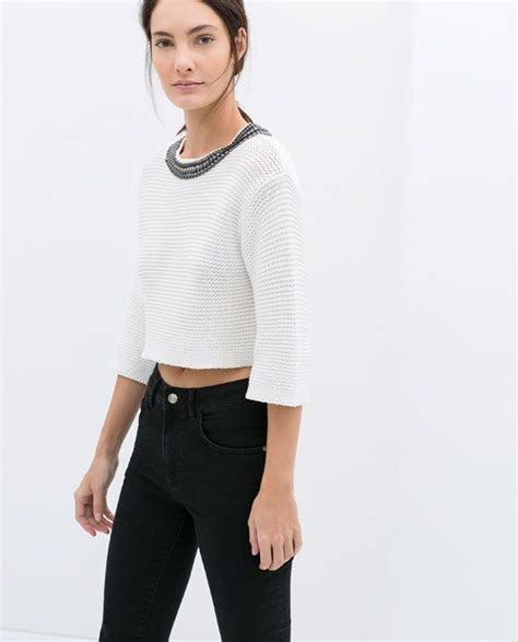 Zara Donna Maglia Strass Sul Collo Crop Tops Crop Top Casual