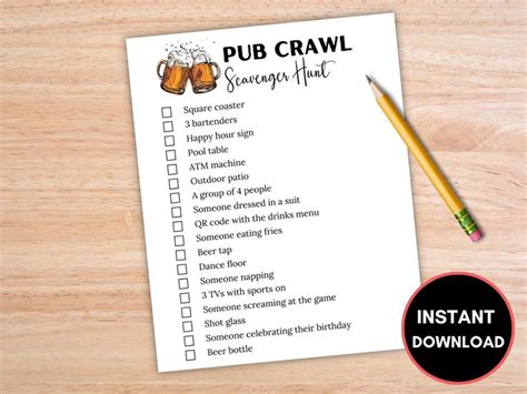 Bar Crawl Scavenger Hunt, Pub Crawl Scavenger Hunt, Pub Crawl Game, Bar Crawl Activity, Bar ...