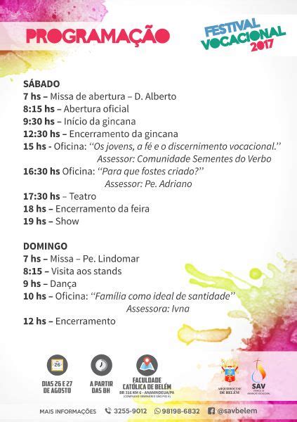 Arquidiocese De Bel M Promove O Festival Vocacional Nos Dias E