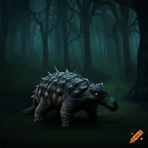 An Ankylosaurus In The Middle Of A Dark Forest